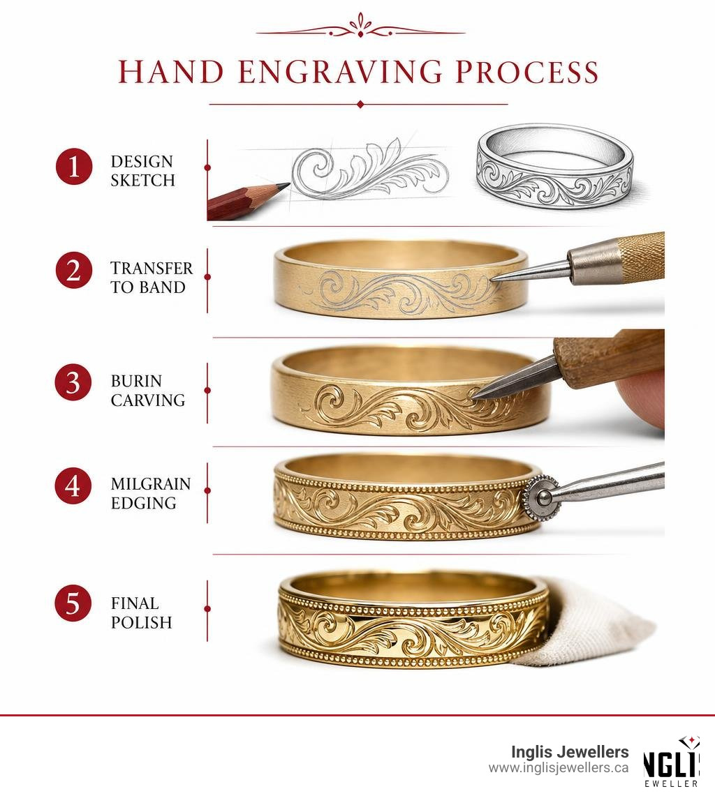 Step-by-step hand engraving process infographic: design sketch, transfer to band, burin carving, milgrain edging, final