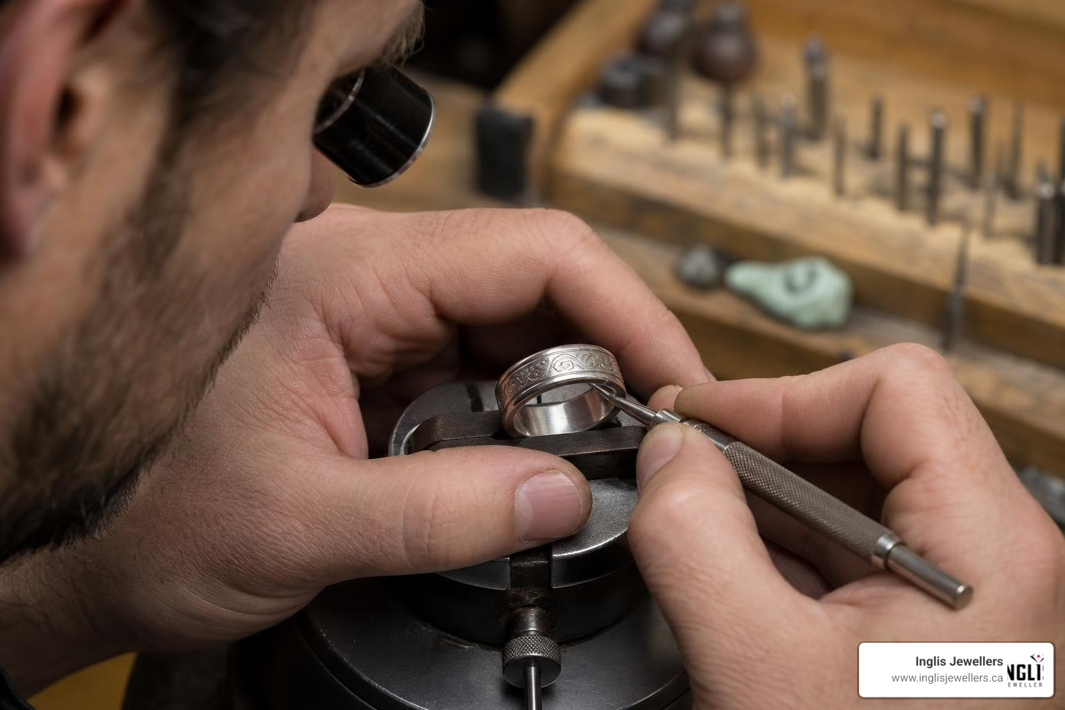 A professional jeweler using precision tools to engrave a custom design on a ring band A professional jeweler using precision tools to engrave a custom design on a ring band