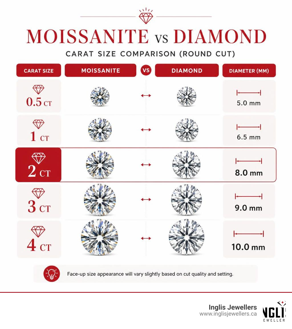 Infographic comparing moissanite carat sizes to diamond carat sizes with mm dimensions infographic Infographic comparing moissanite carat sizes to diamond carat sizes with mm dimensions infographic