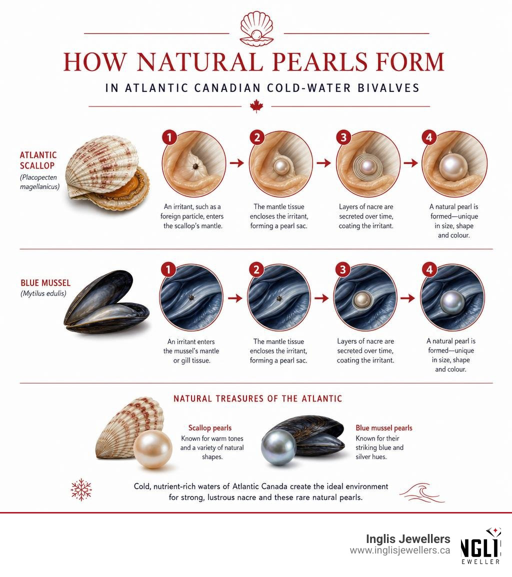 Infographic showing how natural pearls form in Atlantic Canadian cold-water bivalves like scallops and blue mussels