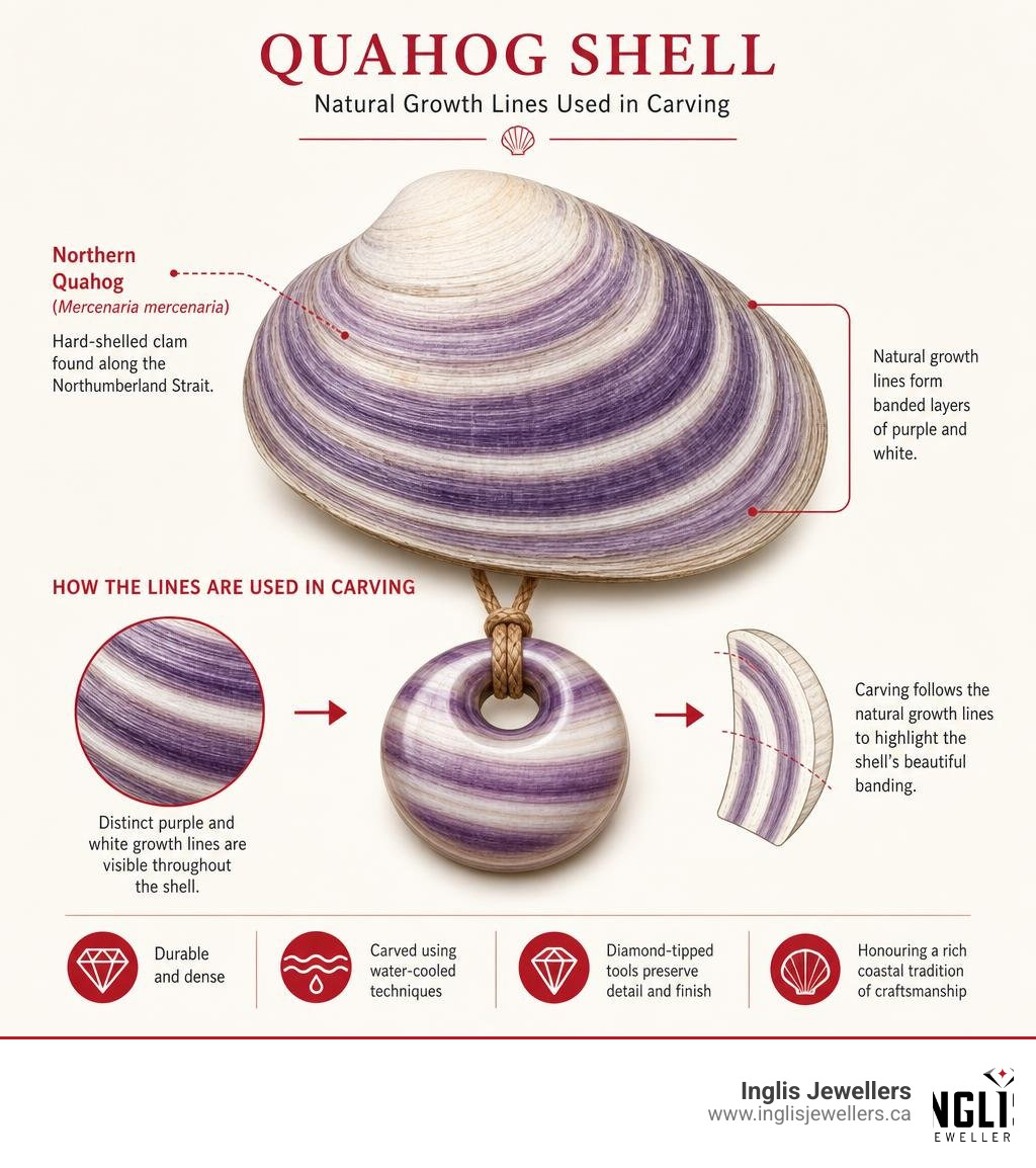 Diagram of a Quahog shell showing the purple and white growth lines used in carving infographic