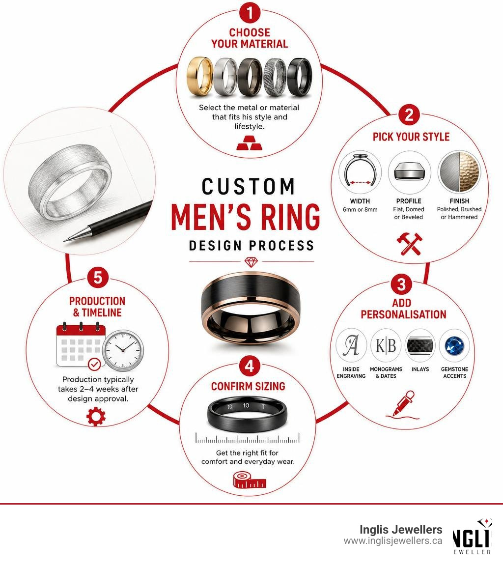 Custom men's ring design process: material, style, personalisation, sizing, production timeline steps infographic Custom men's ring design process: material, style, personalisation, sizing, production timeline steps infographic
