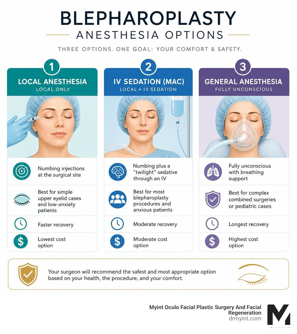 infographic comparing local anesthesia, IV sedation, and general anesthesia for blepharoplasty infographic infographic comparing local anesthesia, IV sedation, and general anesthesia for blepharoplasty infographic