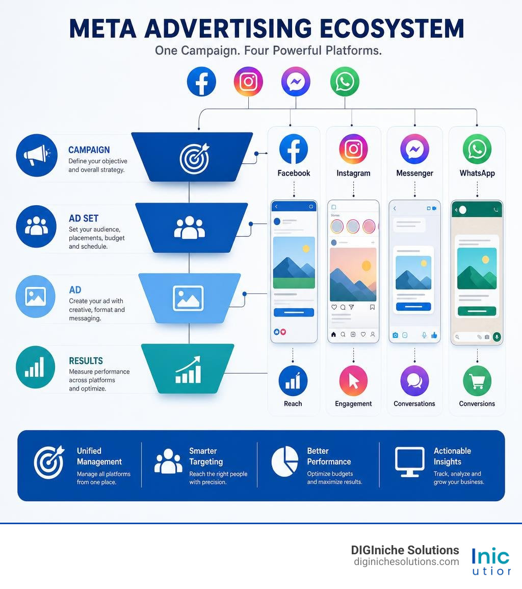 Meta advertising ecosystem infographic showing campaign structure across Facebook Instagram Messenger WhatsApp infographic Meta advertising ecosystem infographic showing campaign structure across Facebook Instagram Messenger WhatsApp infographic