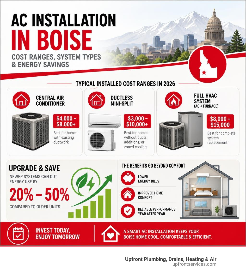 Infographic showing AC installation cost ranges, system types, and energy savings for Boise homeowners infographic