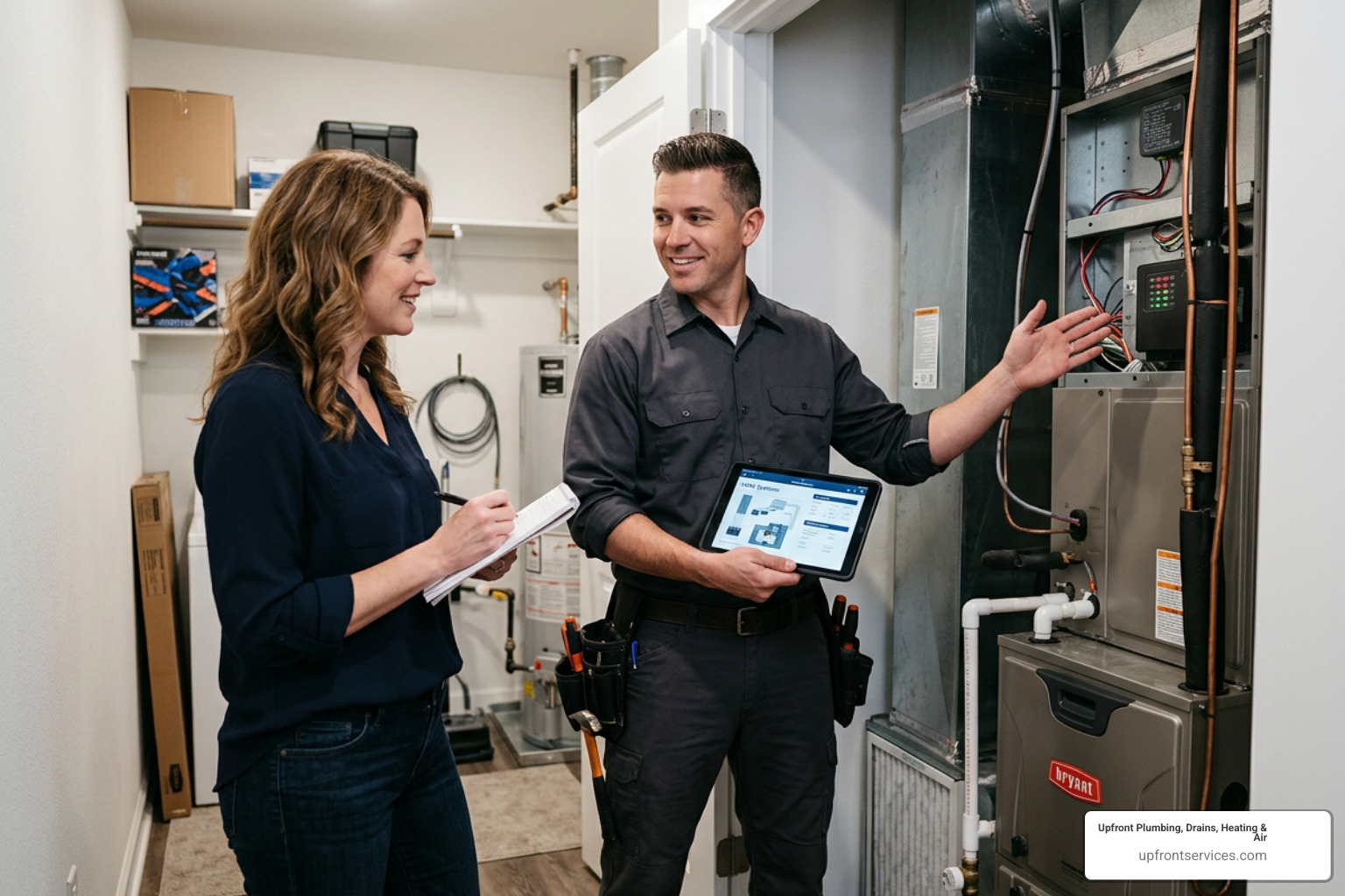 homeowner discussing options with an HVAC technician