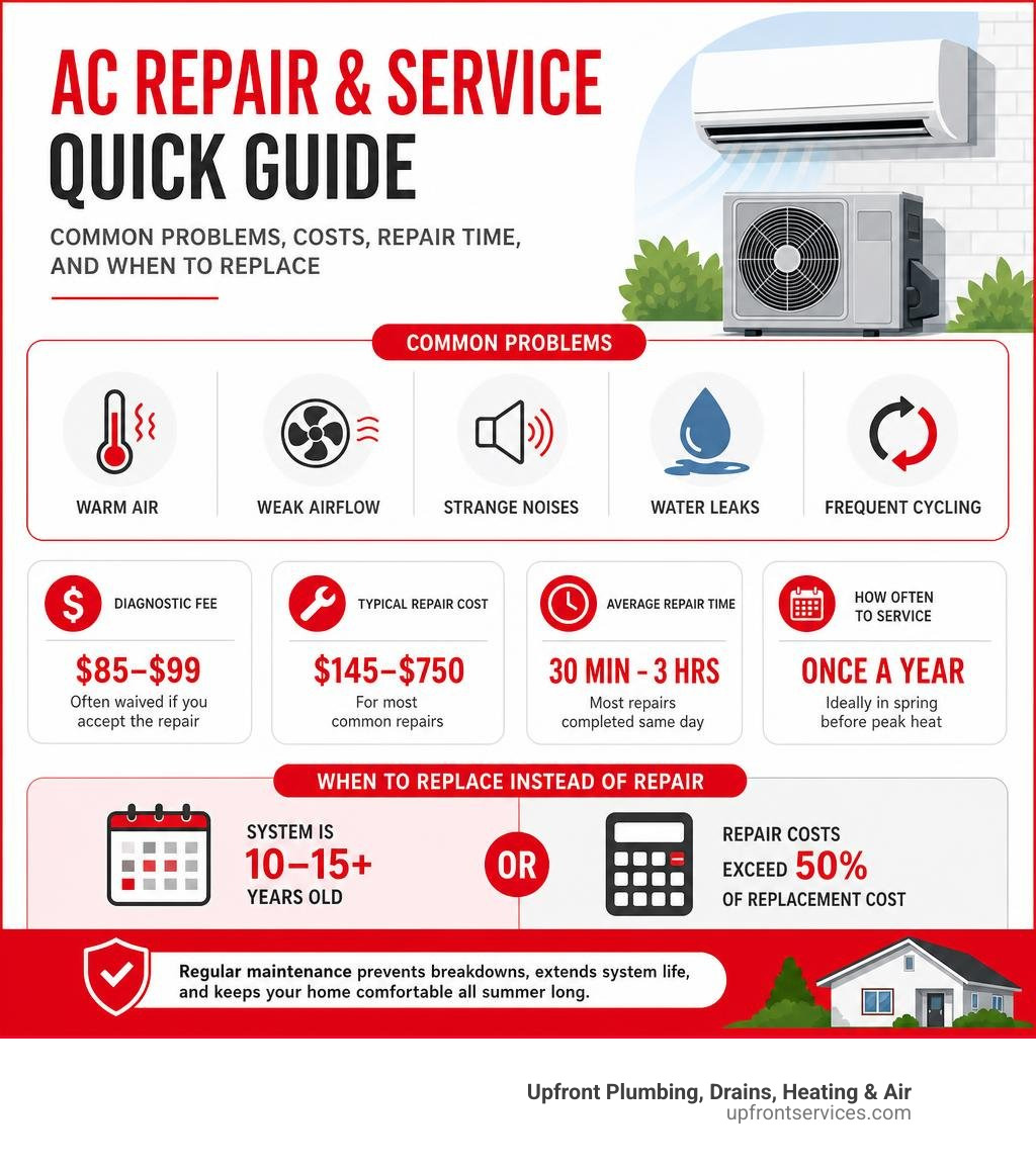 Infographic: AC repair and service quick guide — common problems, costs, repair time, and when to replace infographic