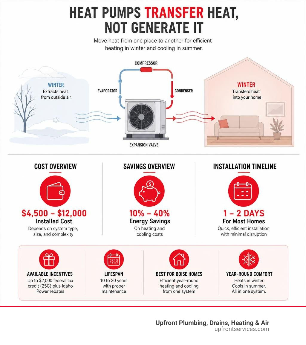 Infographic showing how heat pumps transfer heat instead of generating it, with cost, savings, and timeline overview