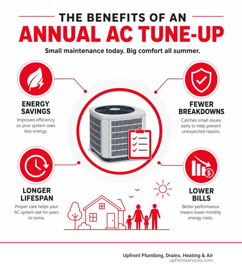 Infographic showing benefits of annual AC tune-up: energy savings, fewer breakdowns, longer lifespan, lower bills infographic