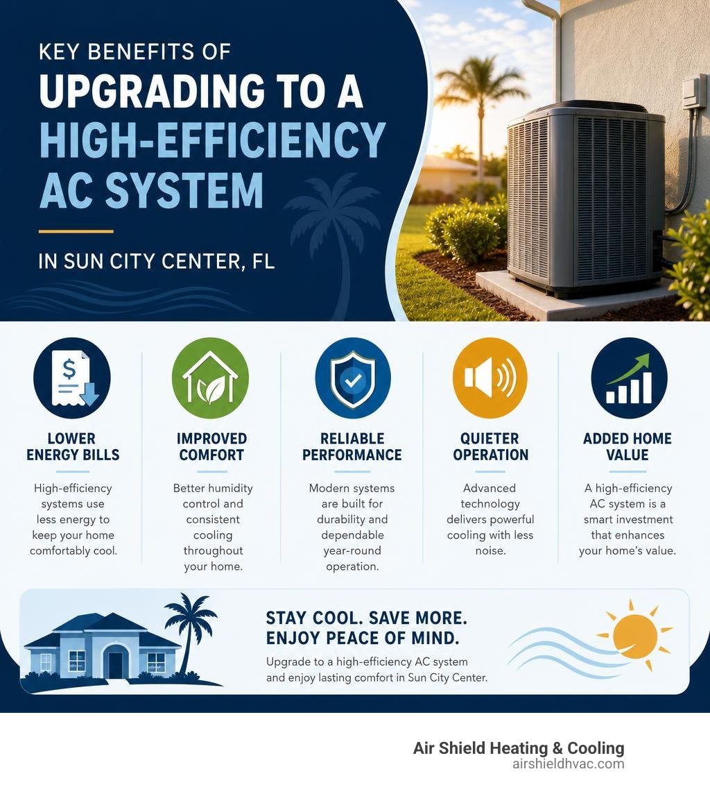 Infographic showing key benefits of upgrading to a high-efficiency AC system in Sun City Center FL infographic