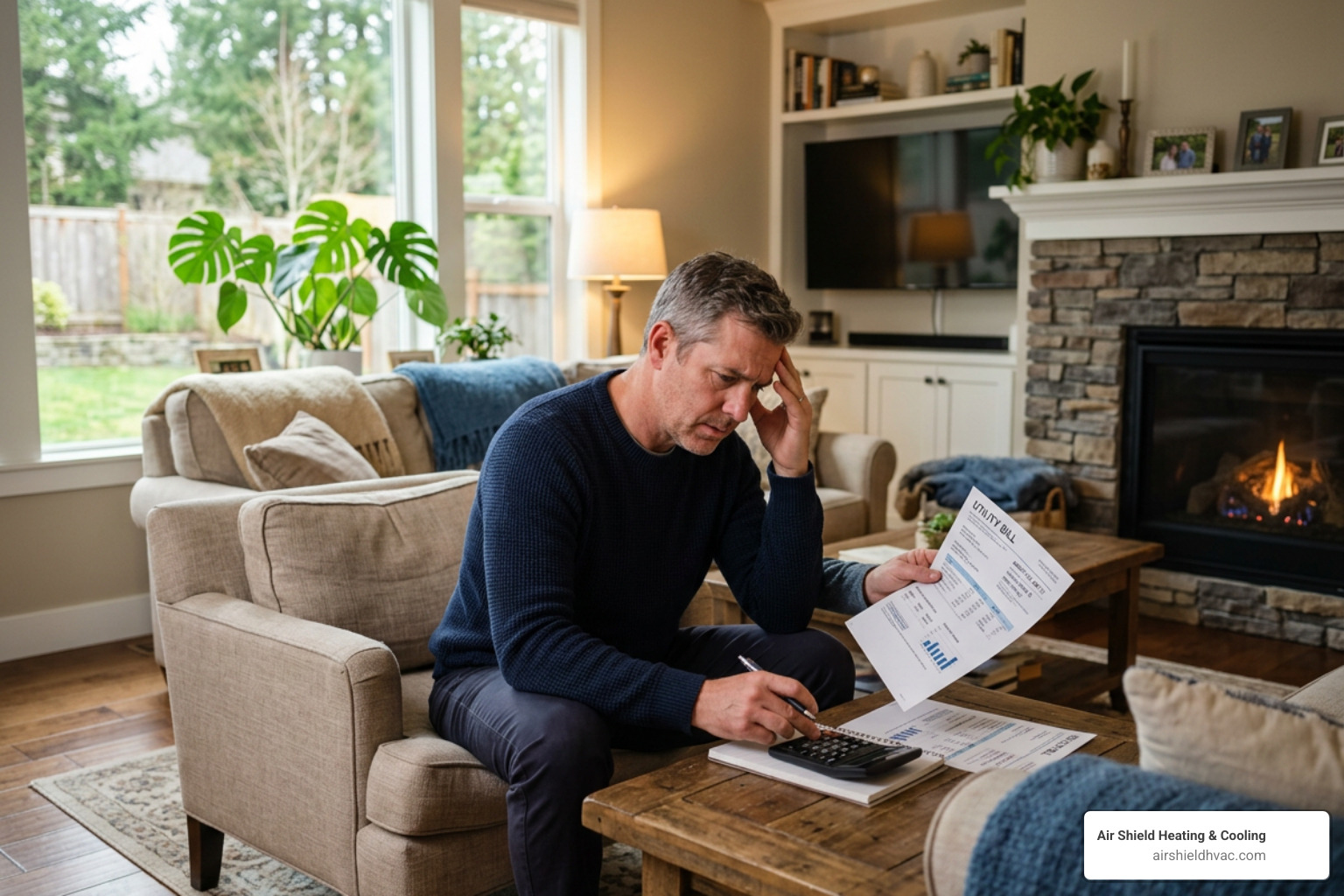 homeowner looking stressed while reviewing a high utility bill in a warm living room