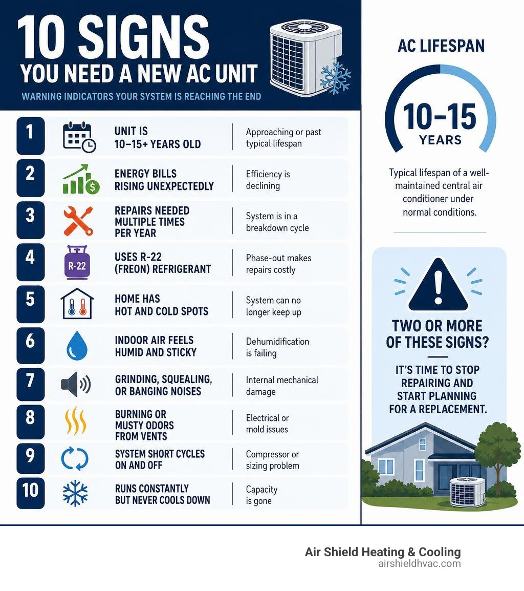 Infographic showing 10 signs you need a new AC unit with lifespan data and key warning indicators infographic