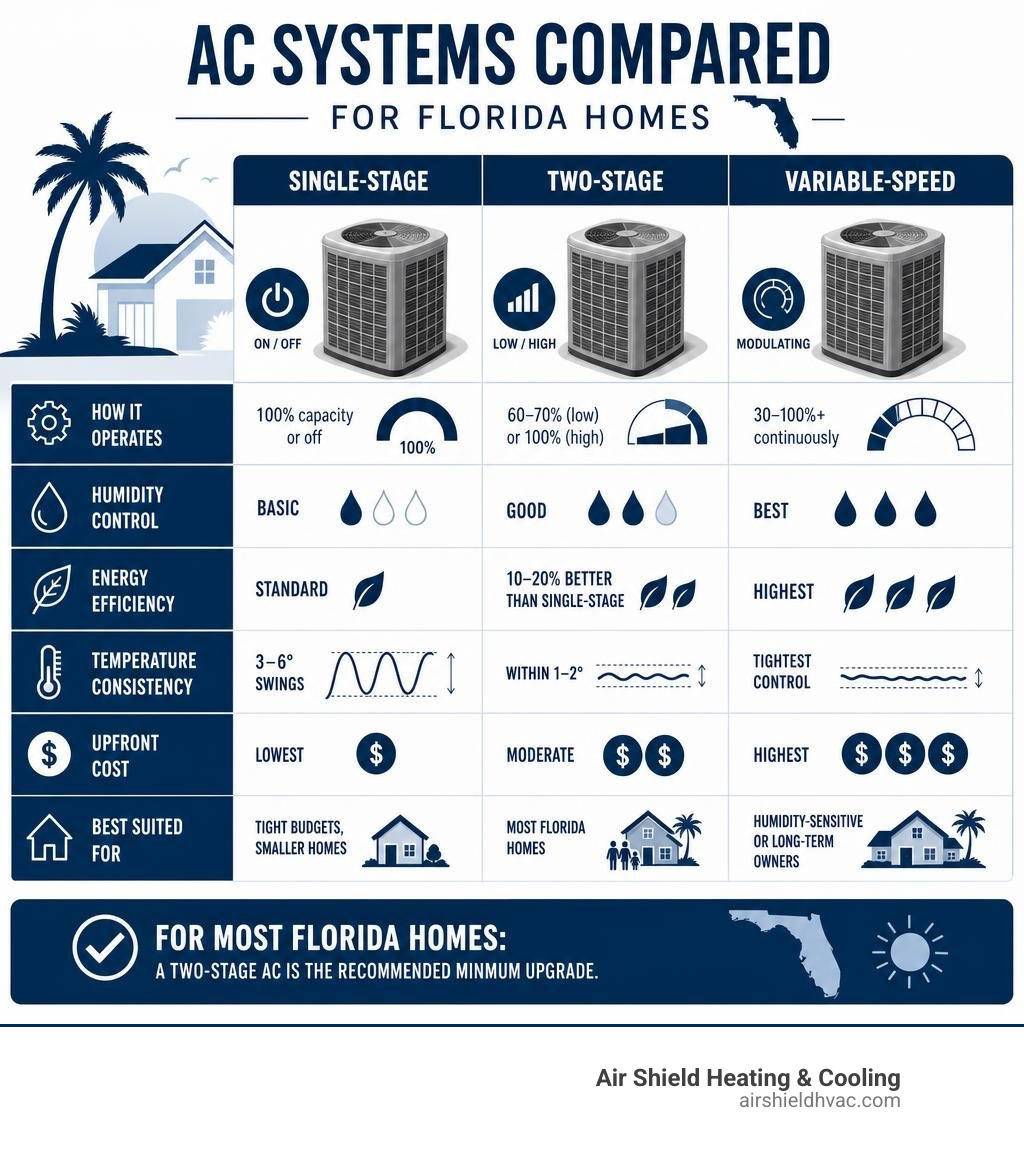 Infographic comparing single-stage, two-stage, and variable-speed AC systems for Florida homes with key stats infographic