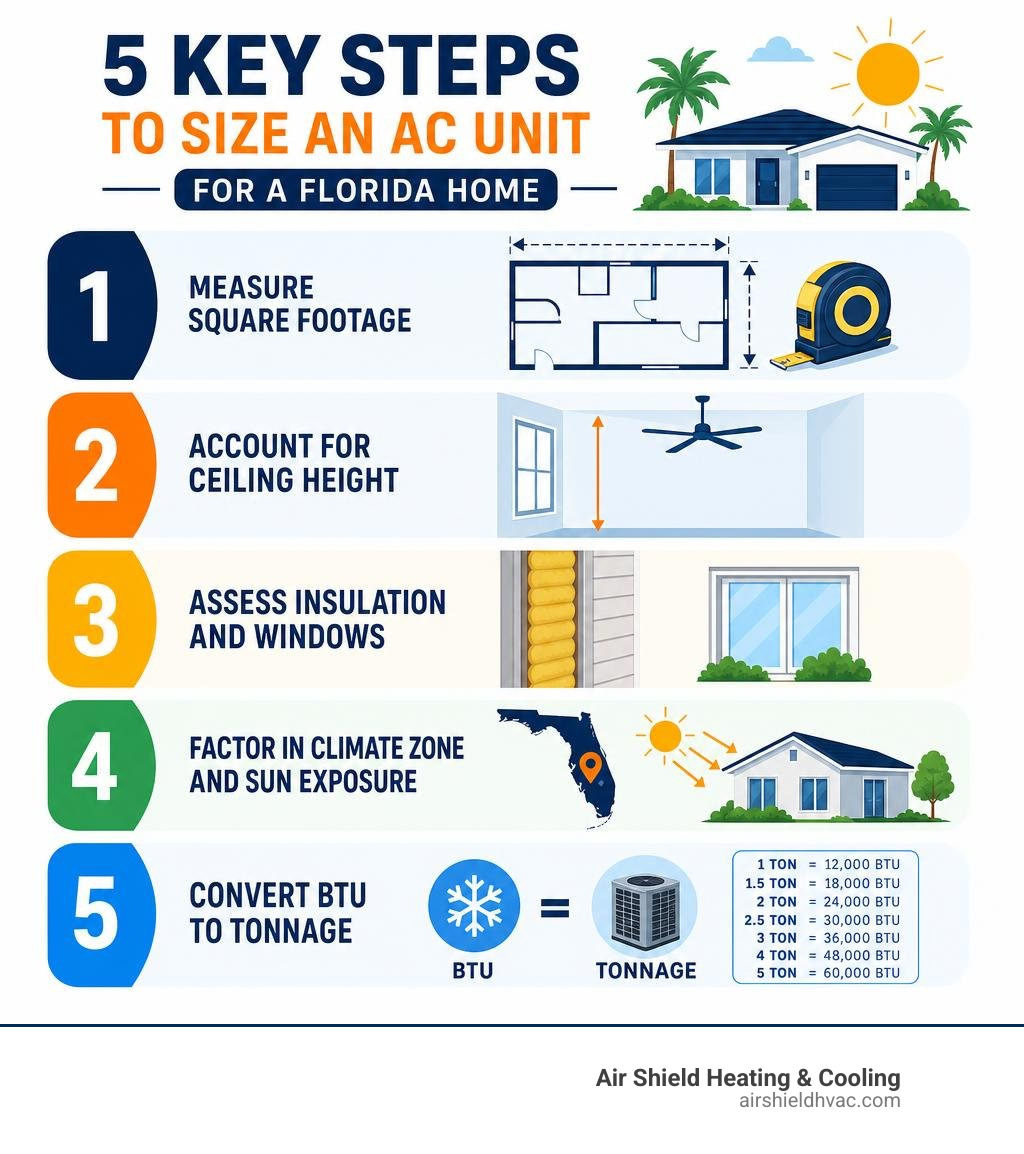 Infographic showing the 5 key steps to size an AC unit for a Florida home: measure square footage, account for ceiling
