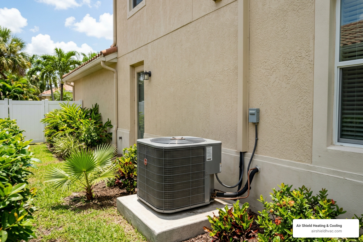 An outdoor central AC condenser unit installed on a concrete pad next to a home in Ellenton, FL