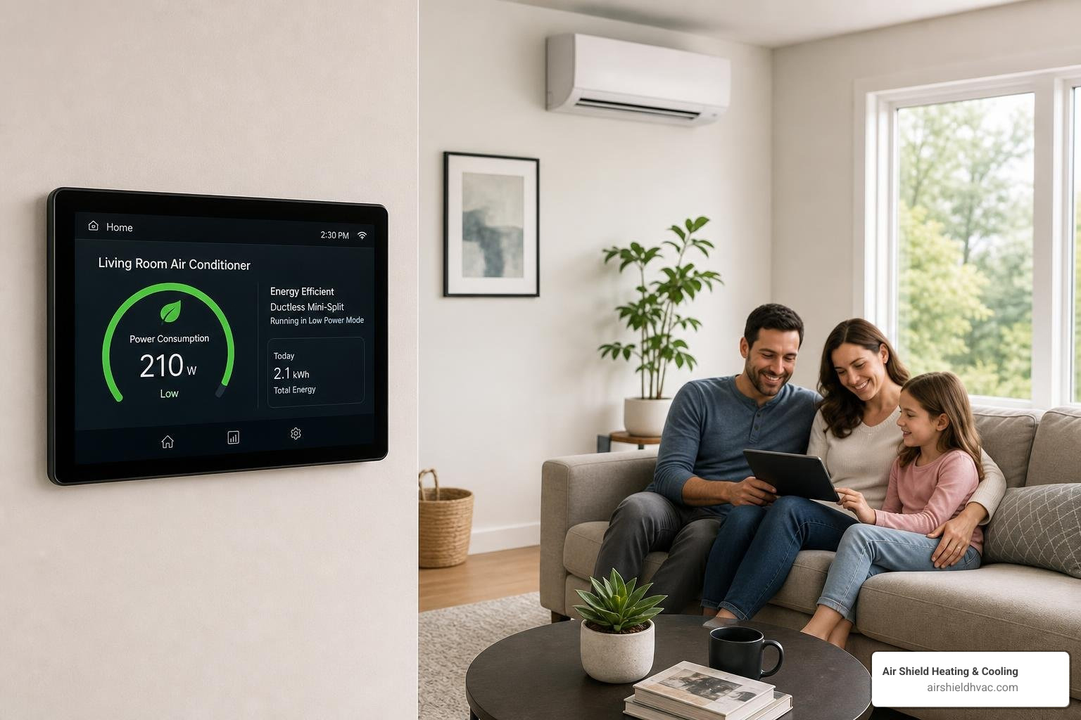An energy-efficient cooling system showing low power consumption on a smart home display