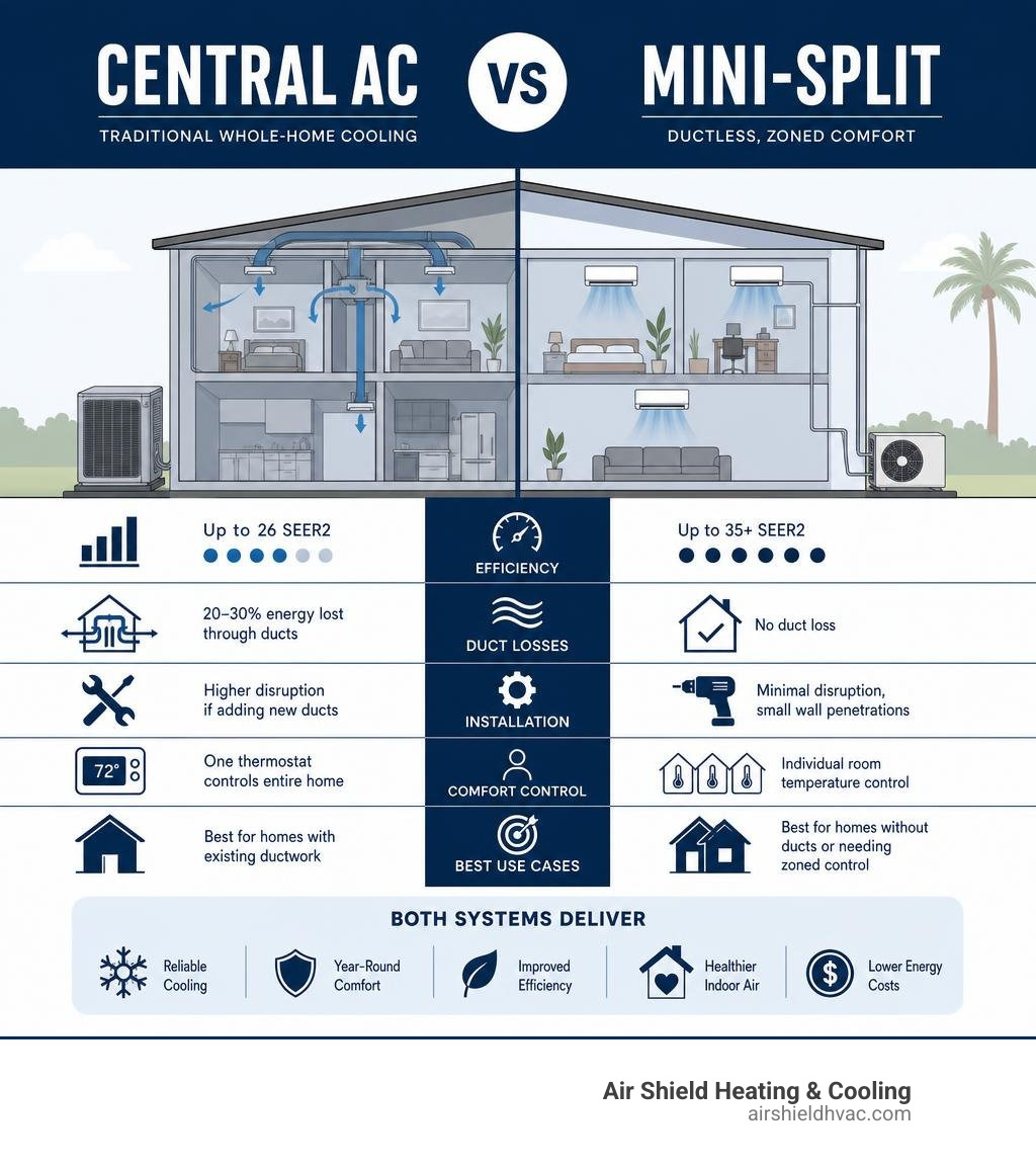 Infographic comparing central AC vs mini split systems: key differences, efficiency ratings, installation, and best use