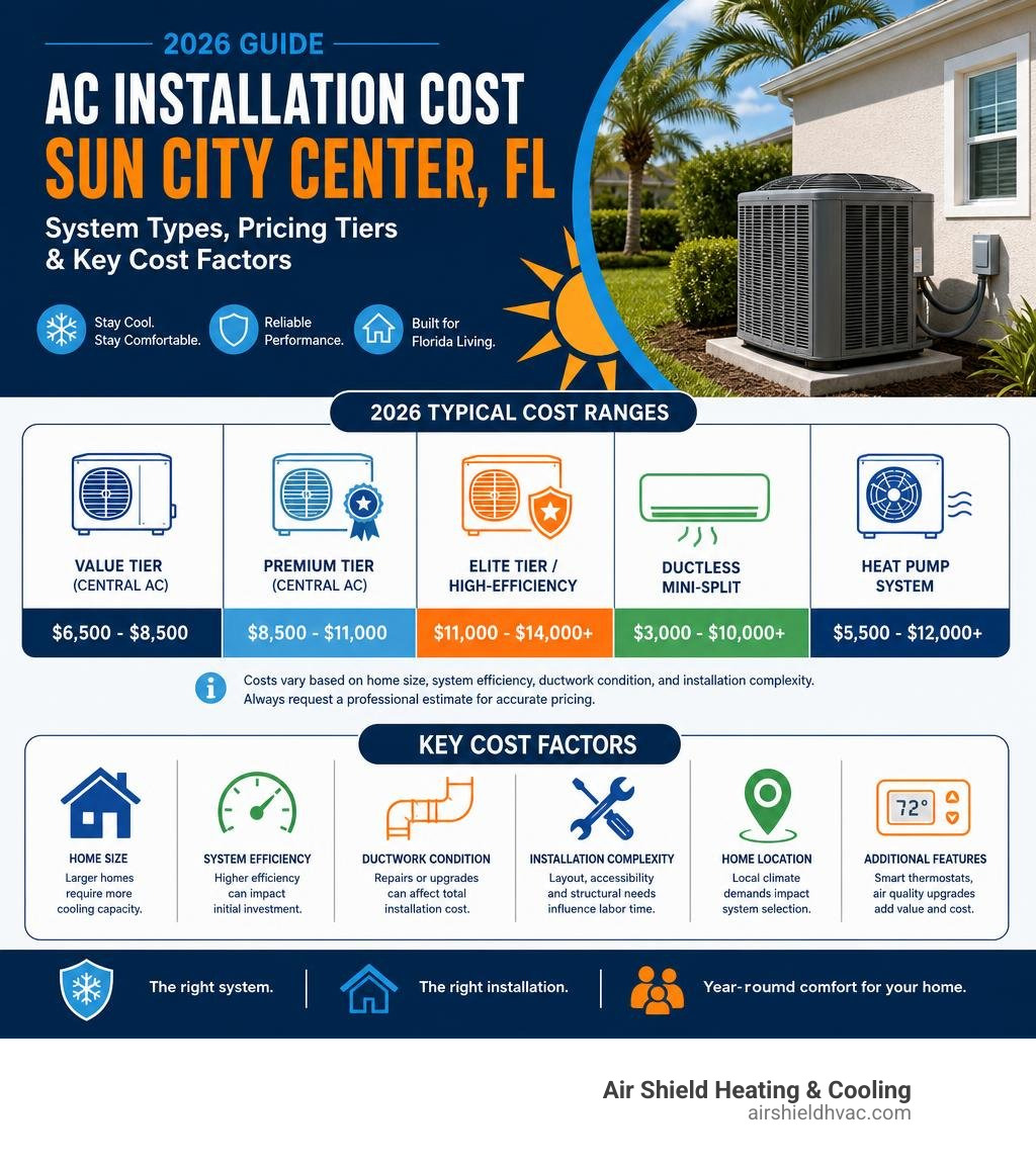 2026 AC installation cost Sun City Center infographic showing system types pricing tiers and key cost factors infographic