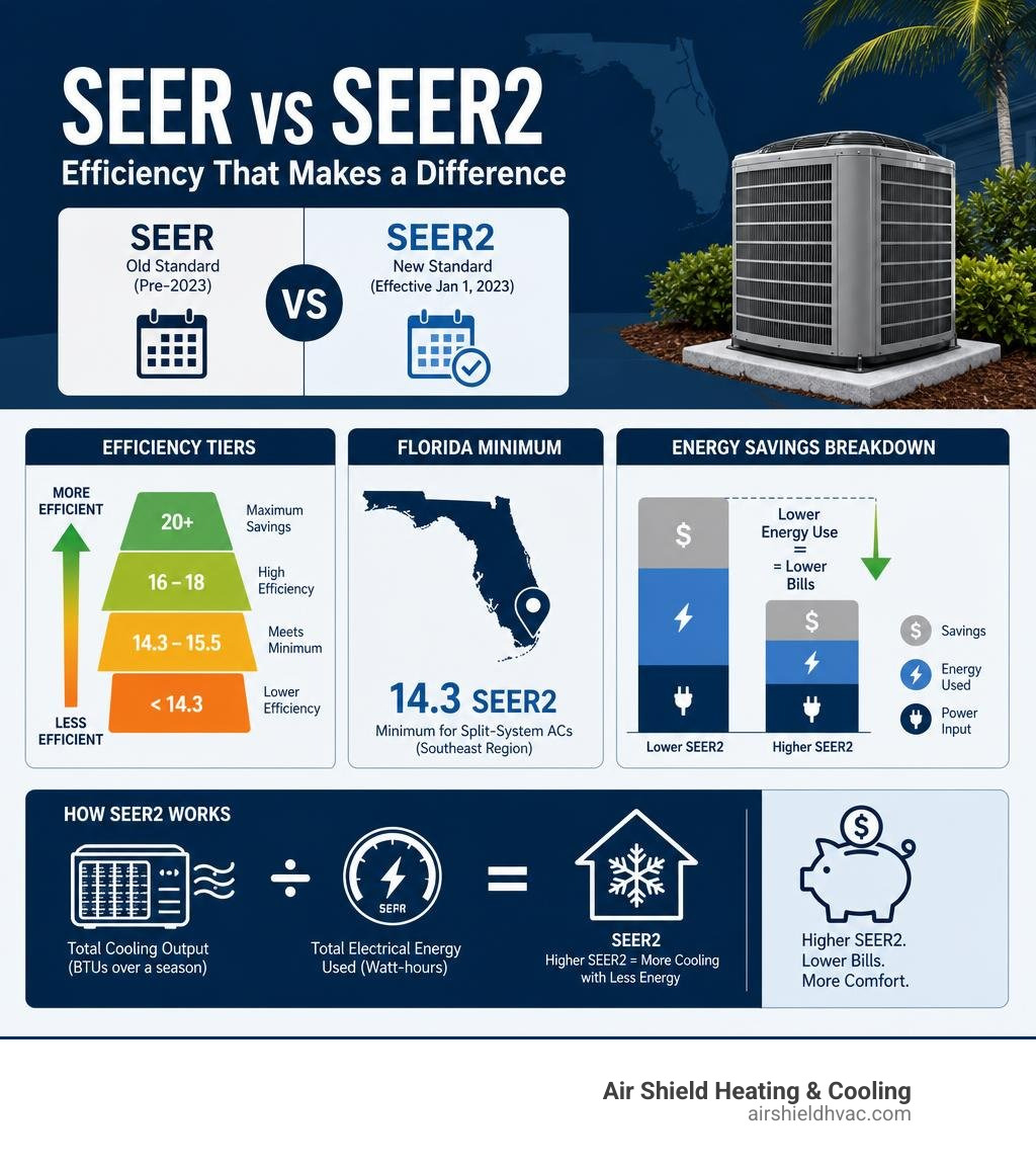 Infographic showing SEER vs SEER2 comparison, efficiency tiers, Florida minimums, and energy savings breakdown infographic