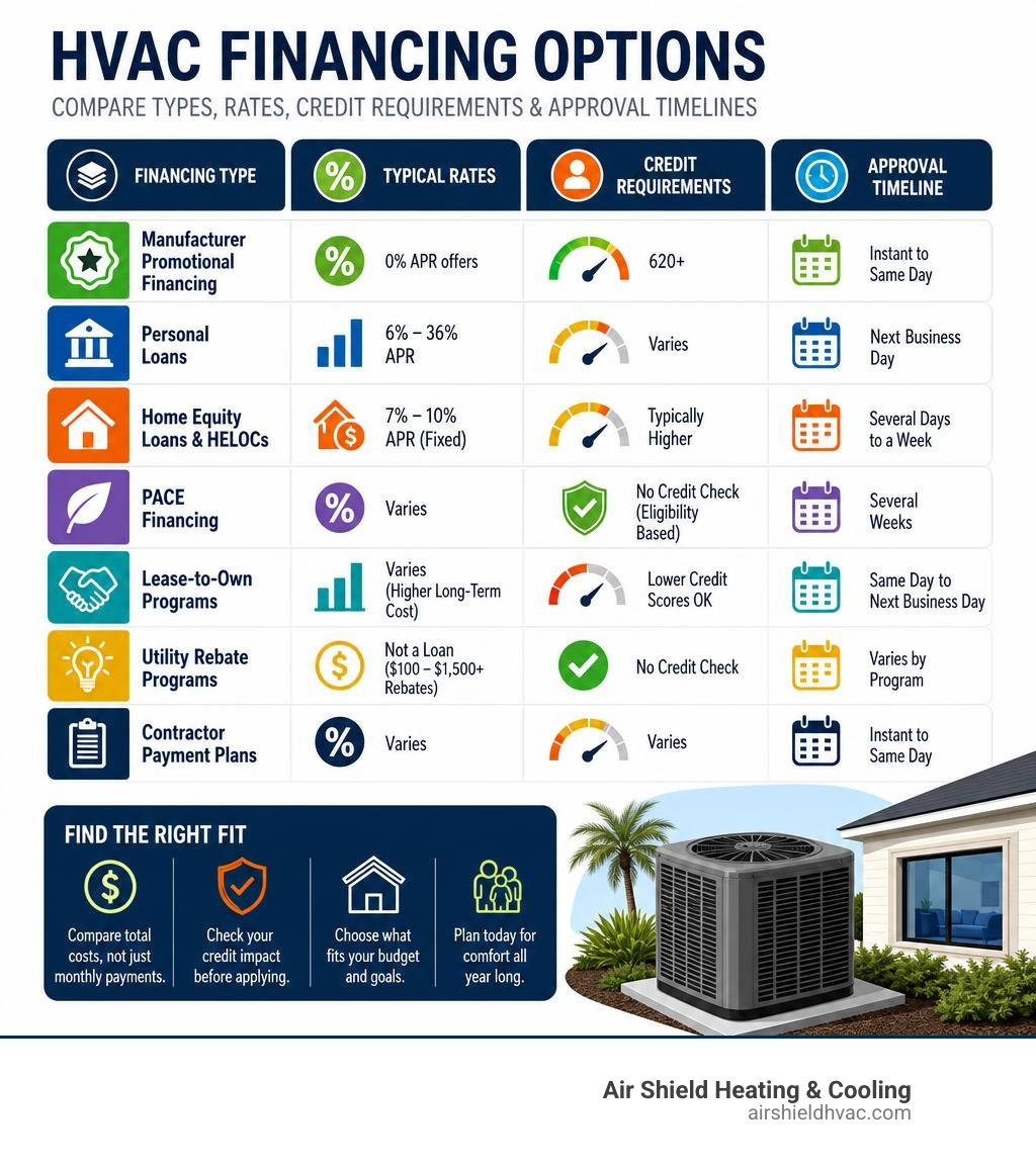 Infographic comparing HVAC financing options types rates credit requirements and approval timelines infographic