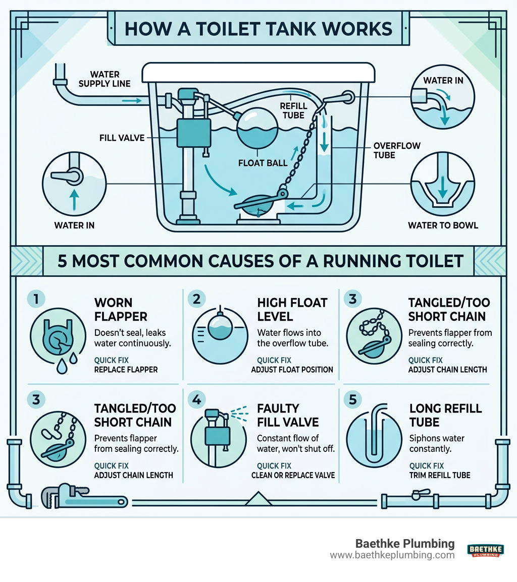 Infographic showing how a toilet tank works and the 5 most common causes of a running toilet infographic