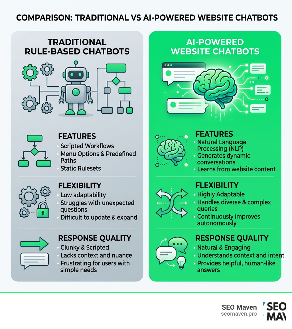 Infographic comparing traditional rule-based chatbots vs AI-powered website chatbots: features, flexibility, response