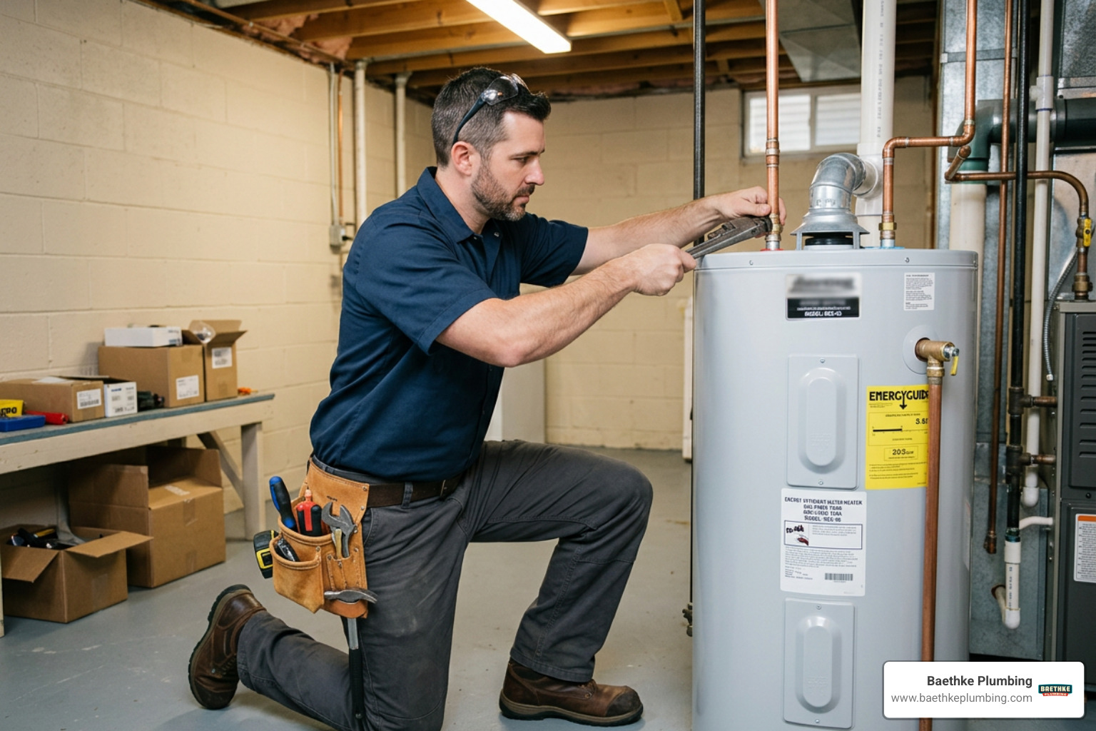 Professional plumber installing a new energy-efficient water heater Professional plumber installing a new energy-efficient water heater