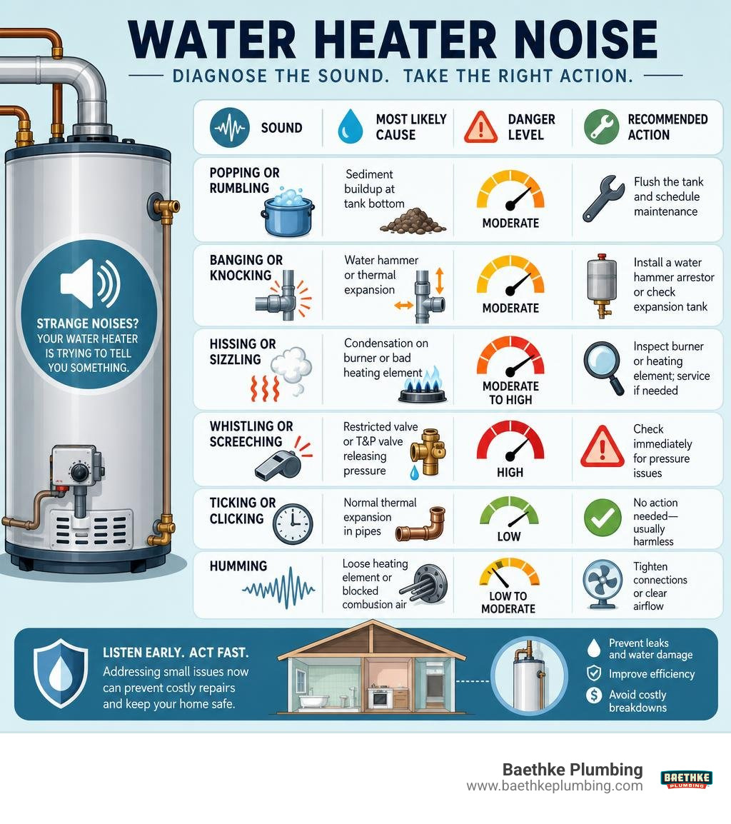 Water heater noise diagnostic infographic showing sounds, causes, danger levels, and recommended actions infographic