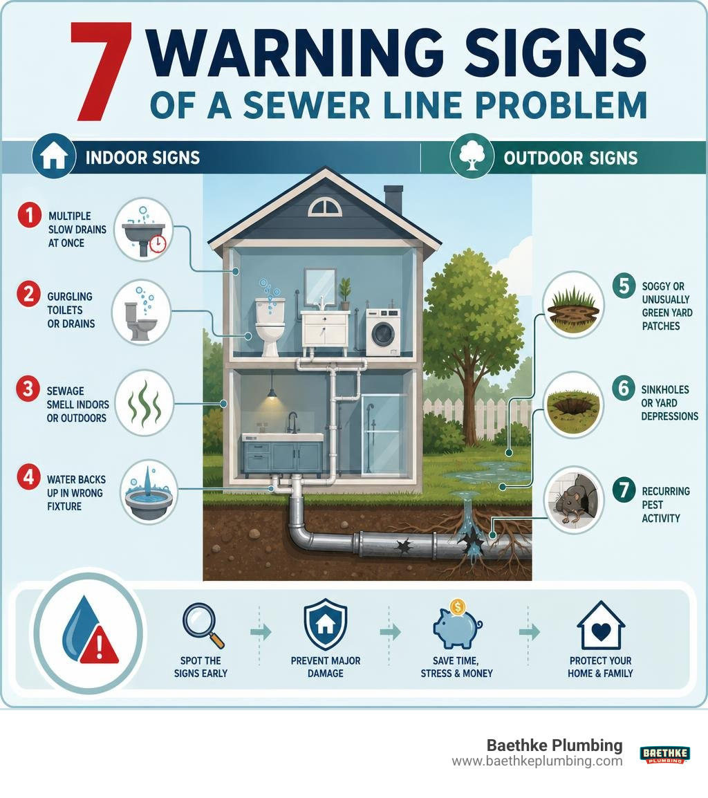 Infographic showing 7 warning signs of a sewer line problem with indoor and outdoor indicators infographic Infographic showing 7 warning signs of a sewer line problem with indoor and outdoor indicators infographic
