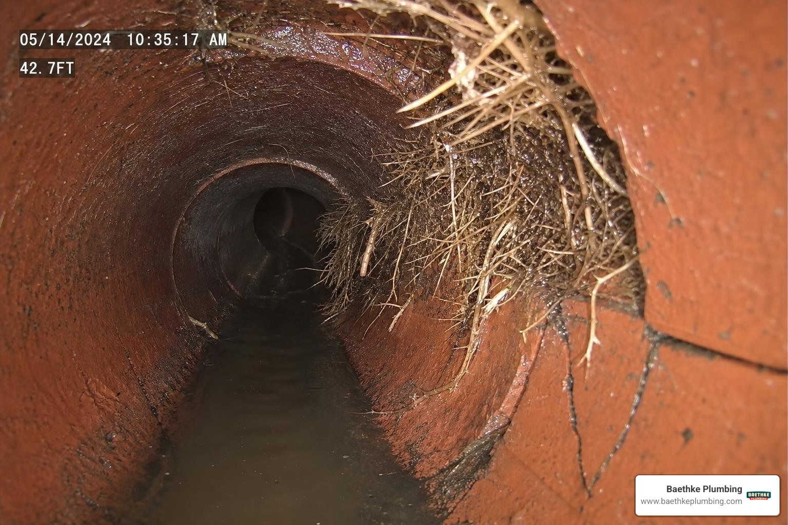 Sewer camera inspection showing root intrusion in an old clay pipe