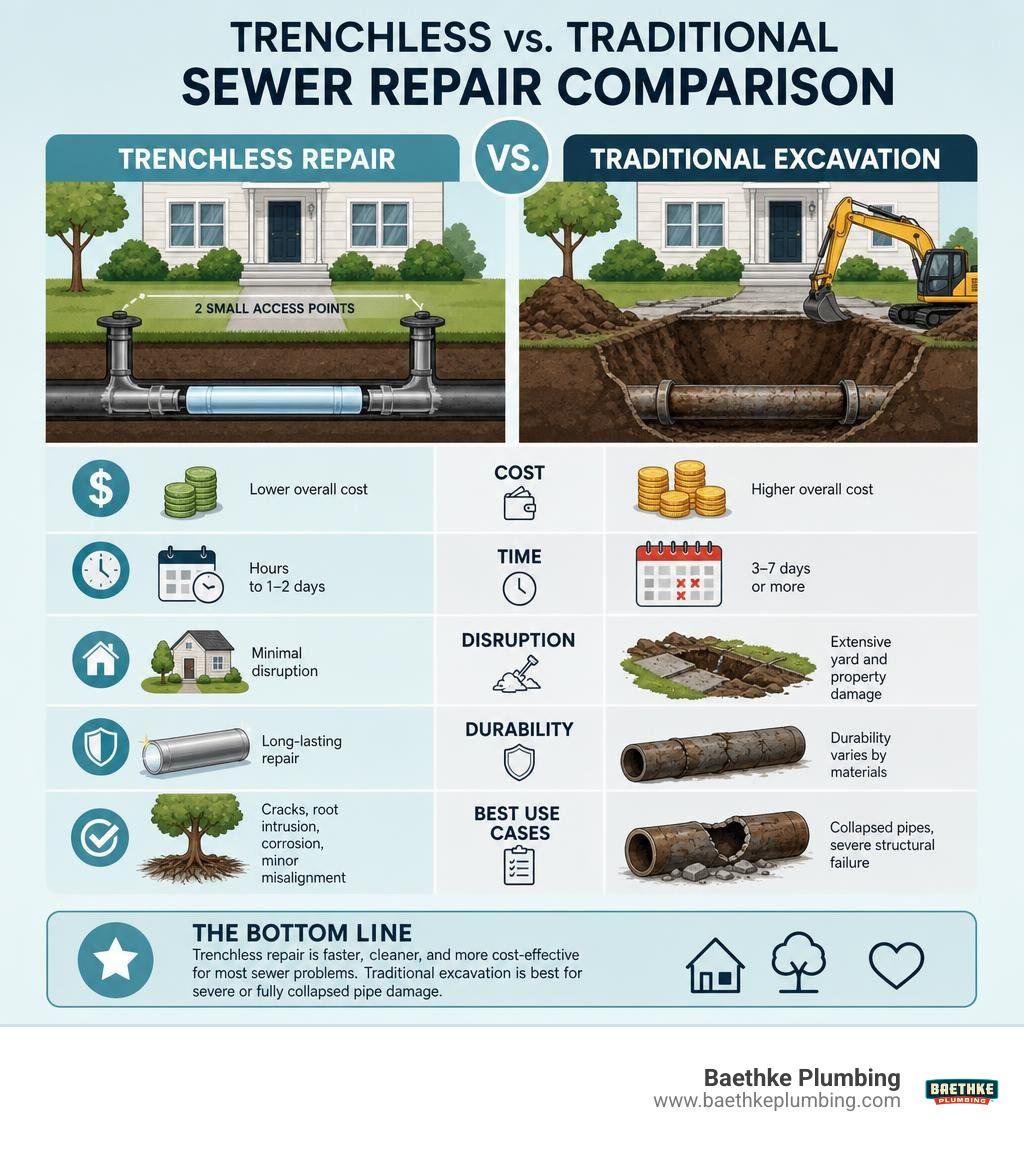 Infographic comparing trenchless vs traditional sewer repair: cost, time, disruption, durability, and best use cases