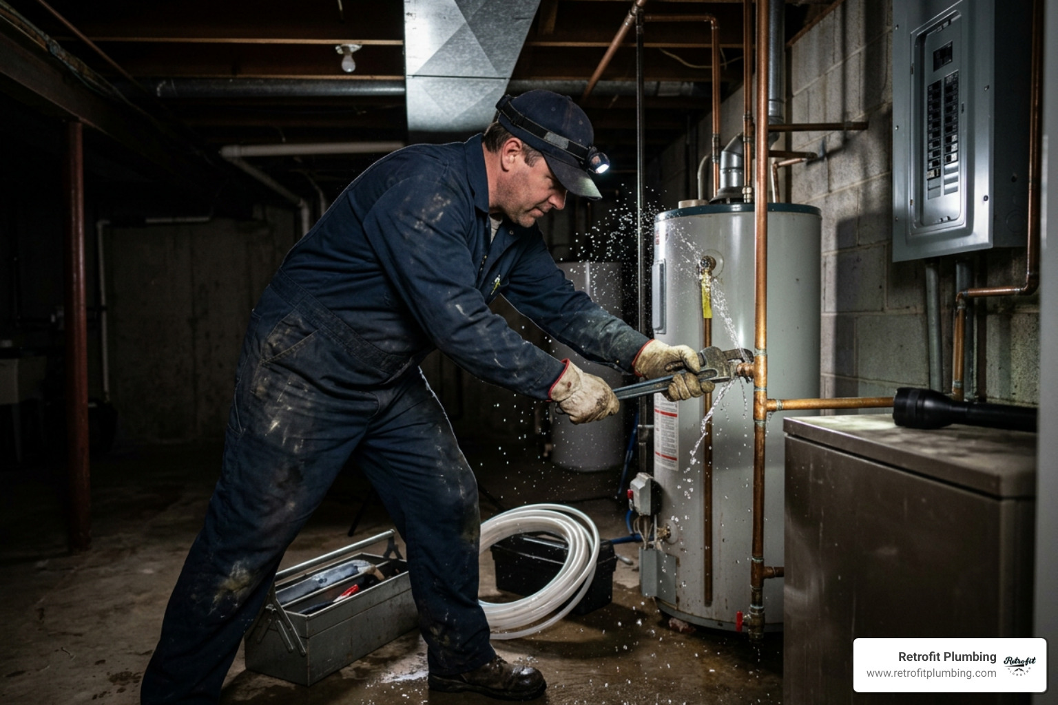 emergency plumber responding to a burst pipe late at night emergency plumber responding to a burst pipe late at night