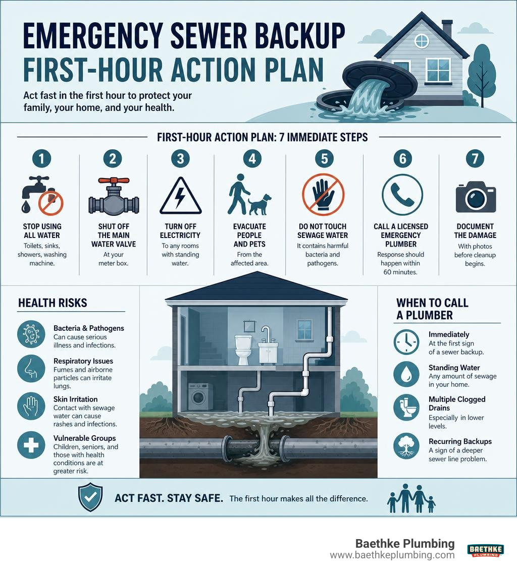 Infographic: Emergency sewer backup first-hour action plan with steps, health risks, and when to call a plumber infographic Infographic: Emergency sewer backup first-hour action plan with steps, health risks, and when to call a plumber infographic