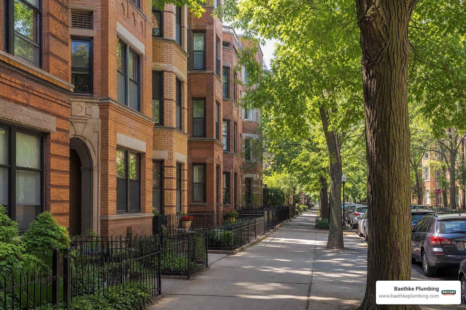 Uptown Chicago streetscape with mature trees and historic brick multi-family buildings Uptown Chicago streetscape with mature trees and historic brick multi-family buildings