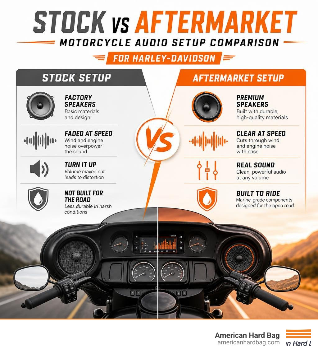 Stock vs aftermarket motorcycle audio setup comparison infographic for Harley-Davidson infographic