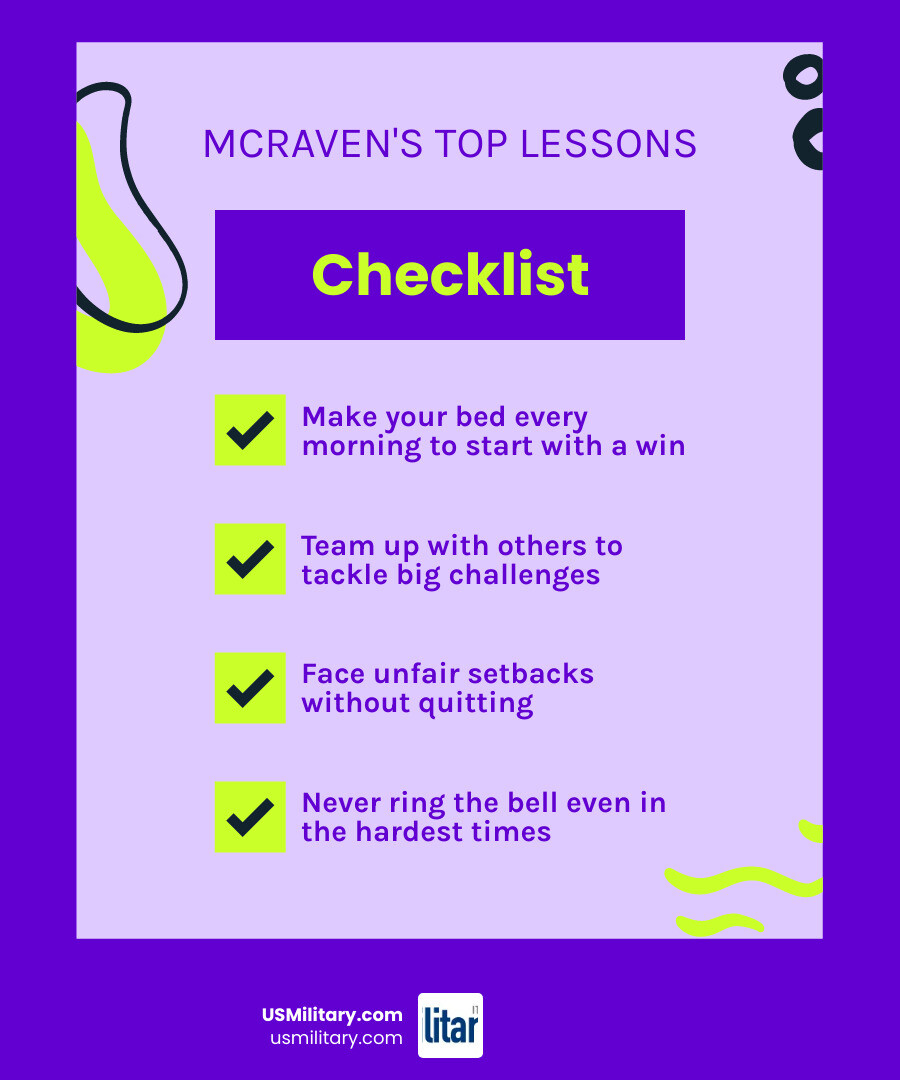 Infographic showing Admiral McRaven's 10 life lessons and their real-world applications infographic
