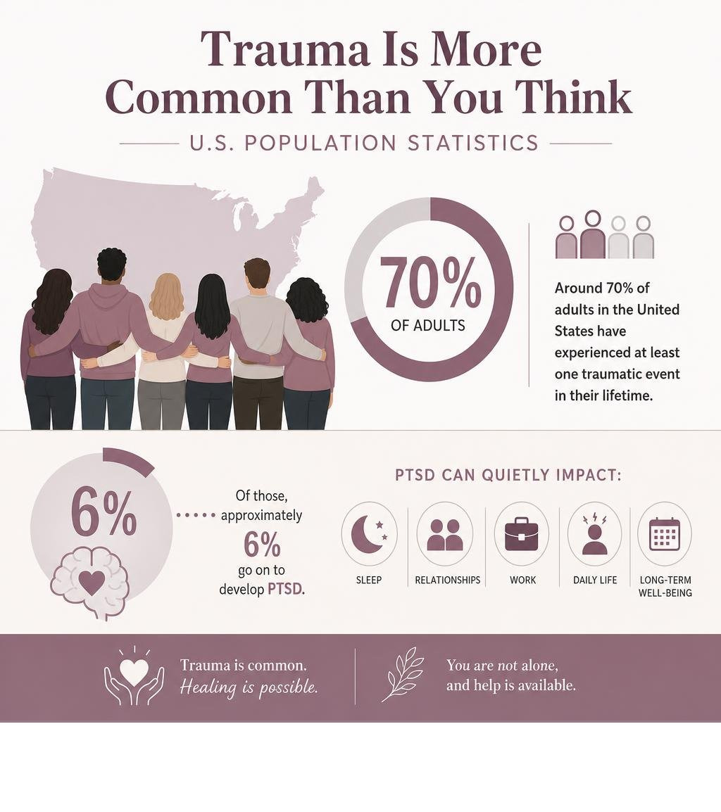 Statistics on trauma prevalence and PTSD rates in the U.S. population infographic Statistics on trauma prevalence and PTSD rates in the U.S. population infographic
