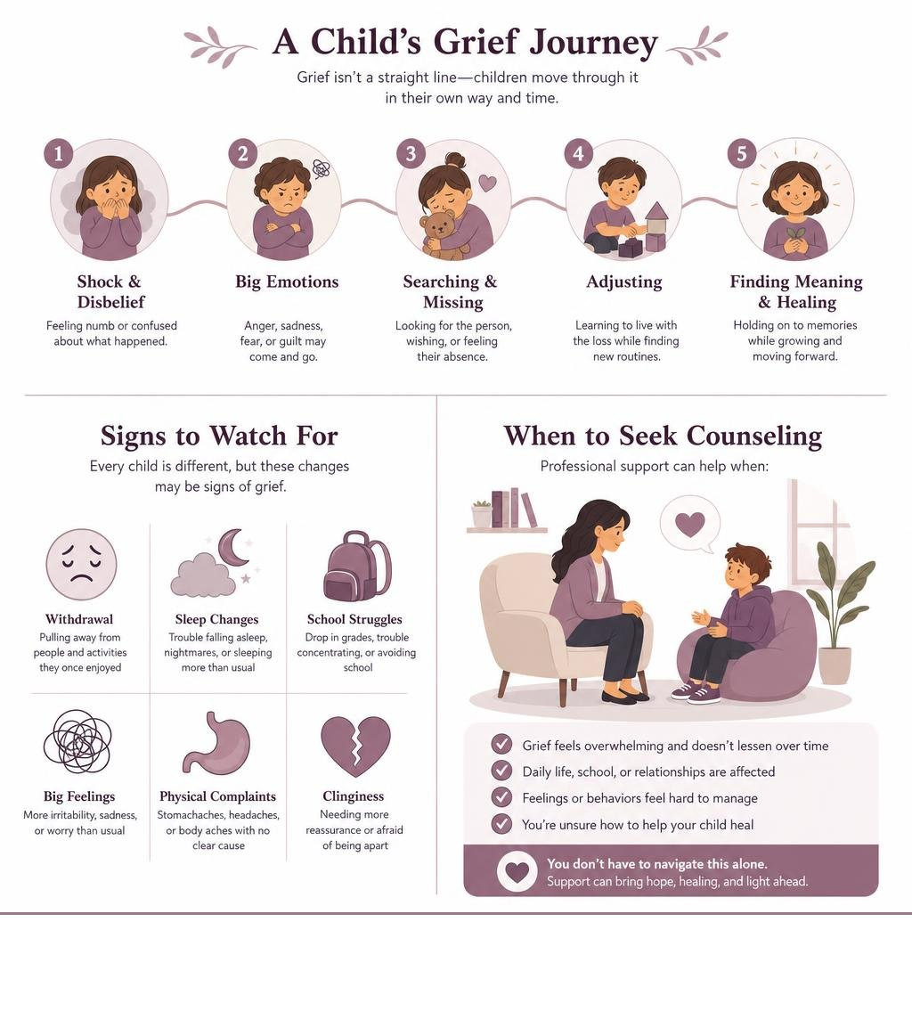 Infographic showing stages of childhood grief journey, signs to watch for, and when to seek counseling infographic