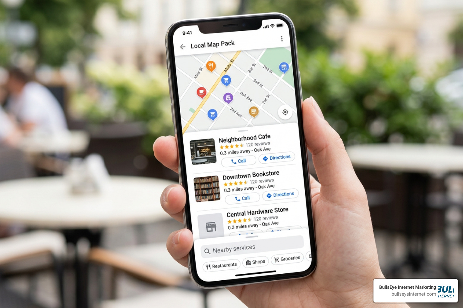 Smartphone displaying local map pack results for Florida businesses.