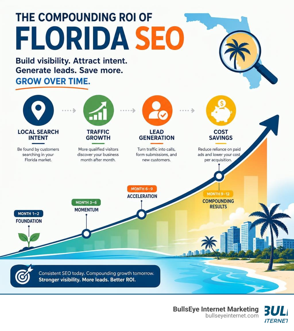 Florida SEO compounding ROI graphic illustrating traffic, lead generation, and cost savings over time.