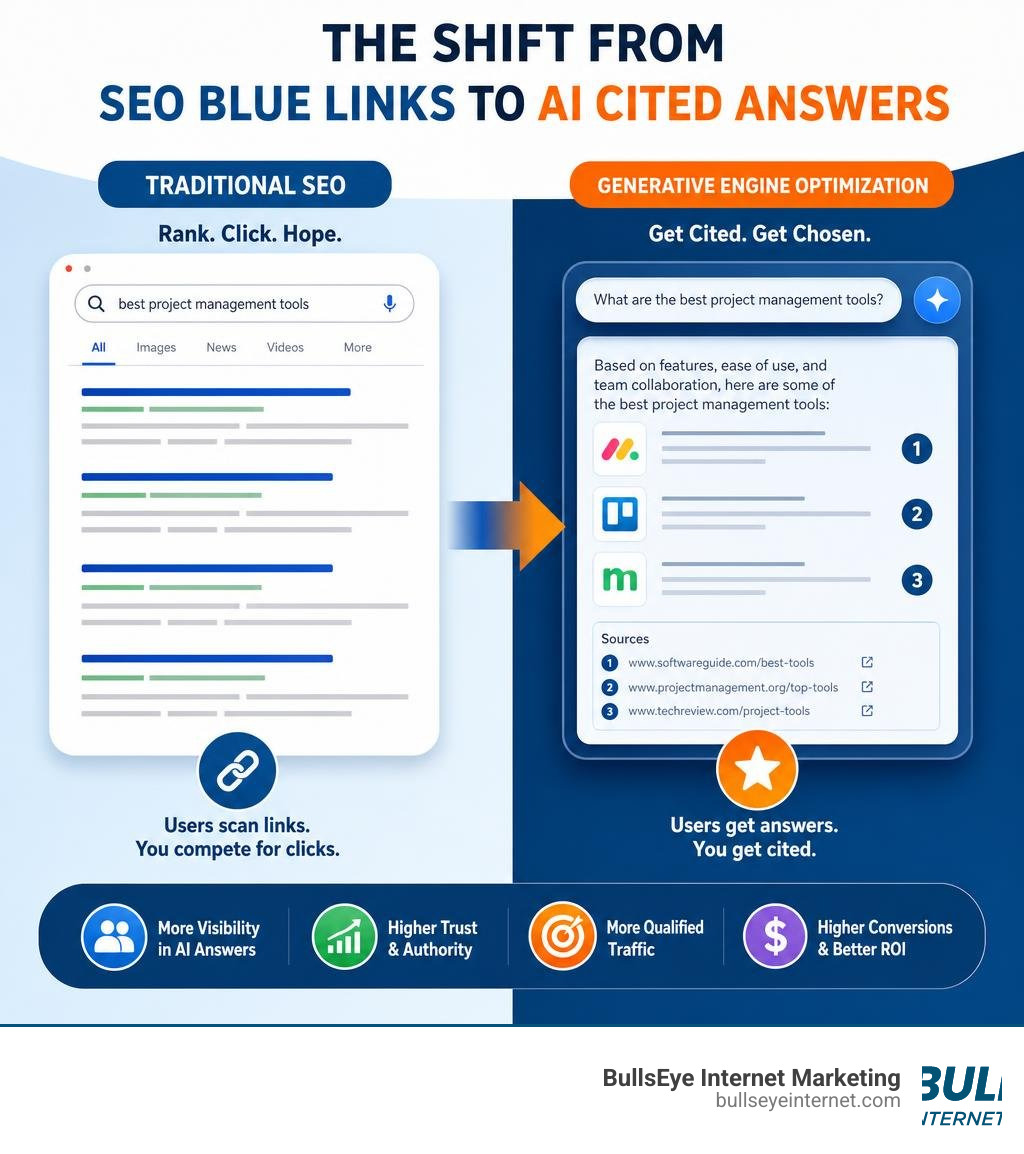 Infographic showing the shift from traditional SEO blue links to AI-generated cited answers in GEO infographic Infographic showing the shift from traditional SEO blue links to AI-generated cited answers in GEO infographic