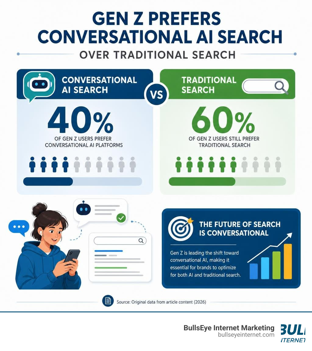 Graph showing Gen Z preference for conversational AI search over traditional search infographic Graph showing Gen Z preference for conversational AI search over traditional search infographic