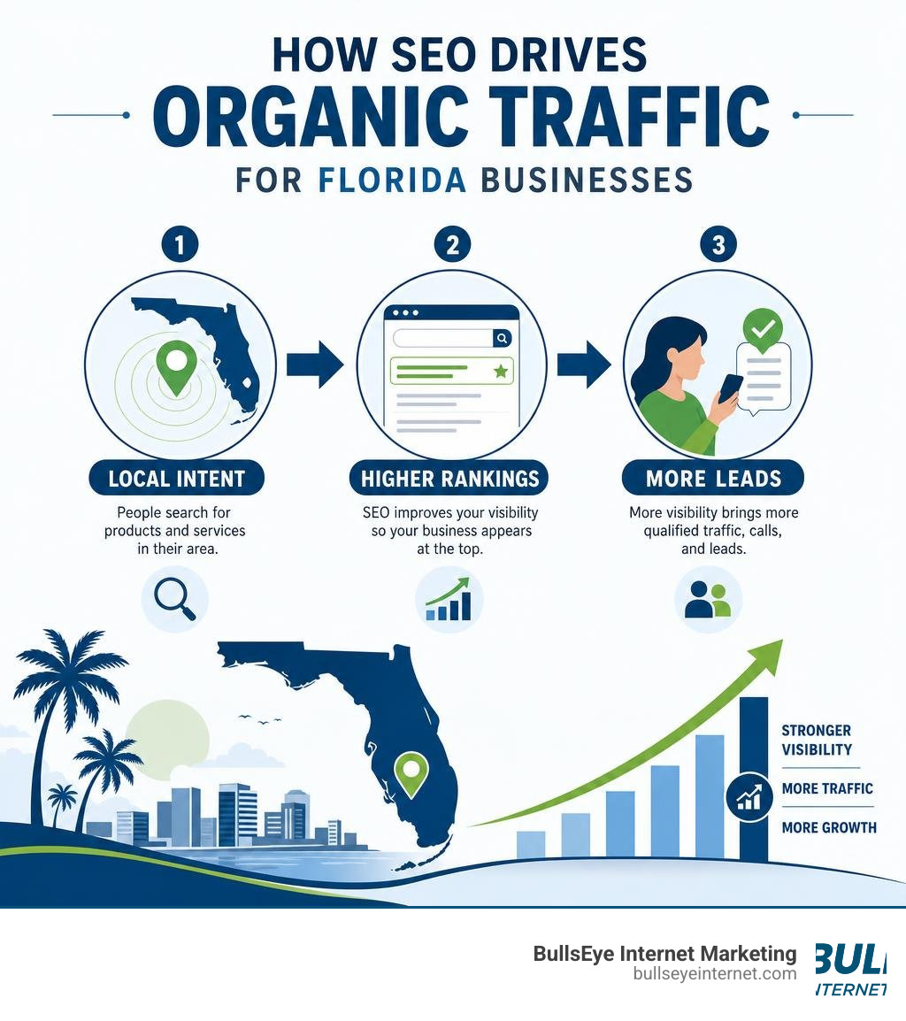 Infographic showing how SEO drives organic traffic for Florida businesses: local intent, rankings, leads infographic Infographic showing how SEO drives organic traffic for Florida businesses: local intent, rankings, leads infographic