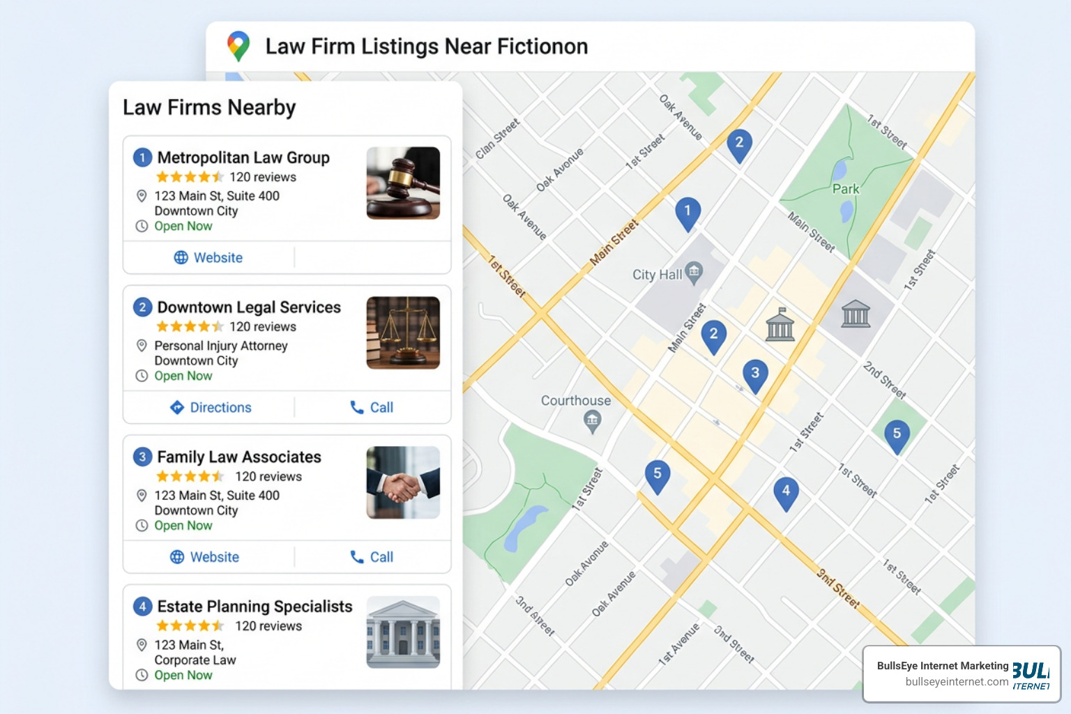 local map pack showing law firm listings Map visualization of local law firm listings and attorney SEO results.