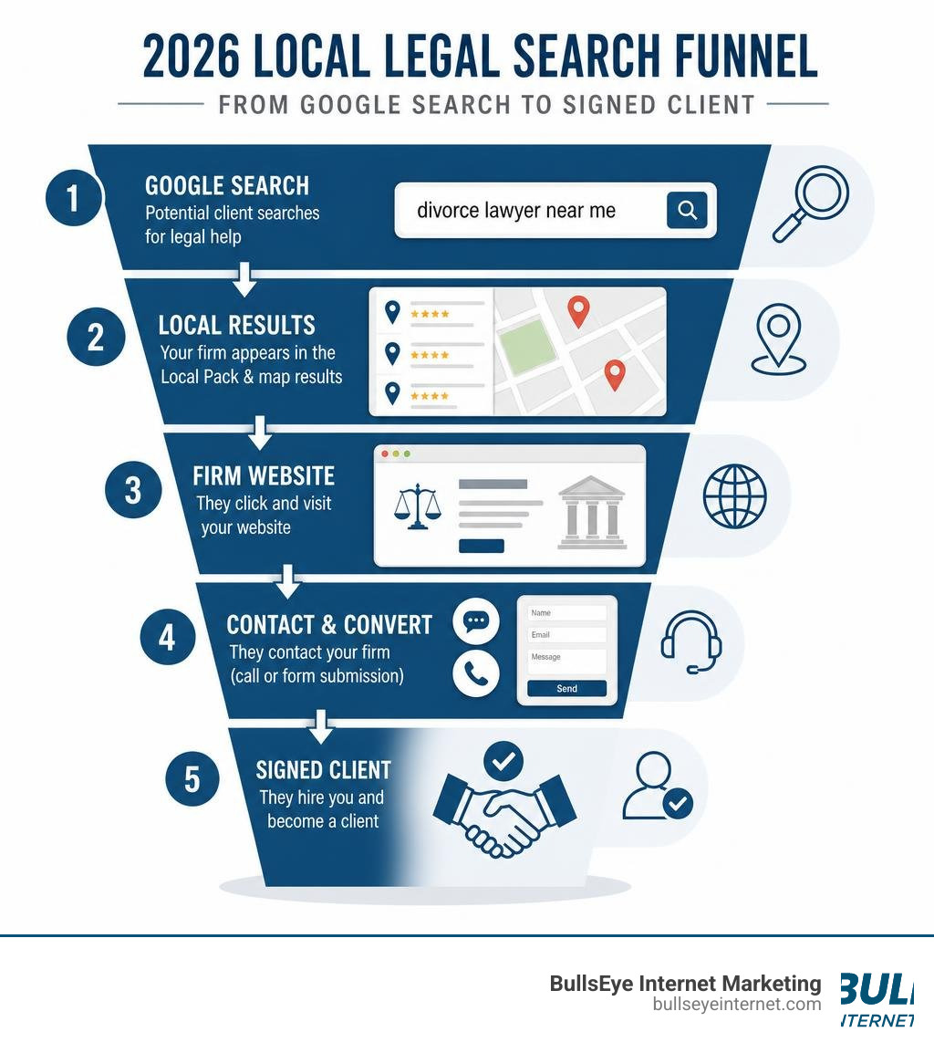 2026 local legal search funnel from Google search to signed client infographic Google search funnel illustrating attorney local SEO process from search to signed client.