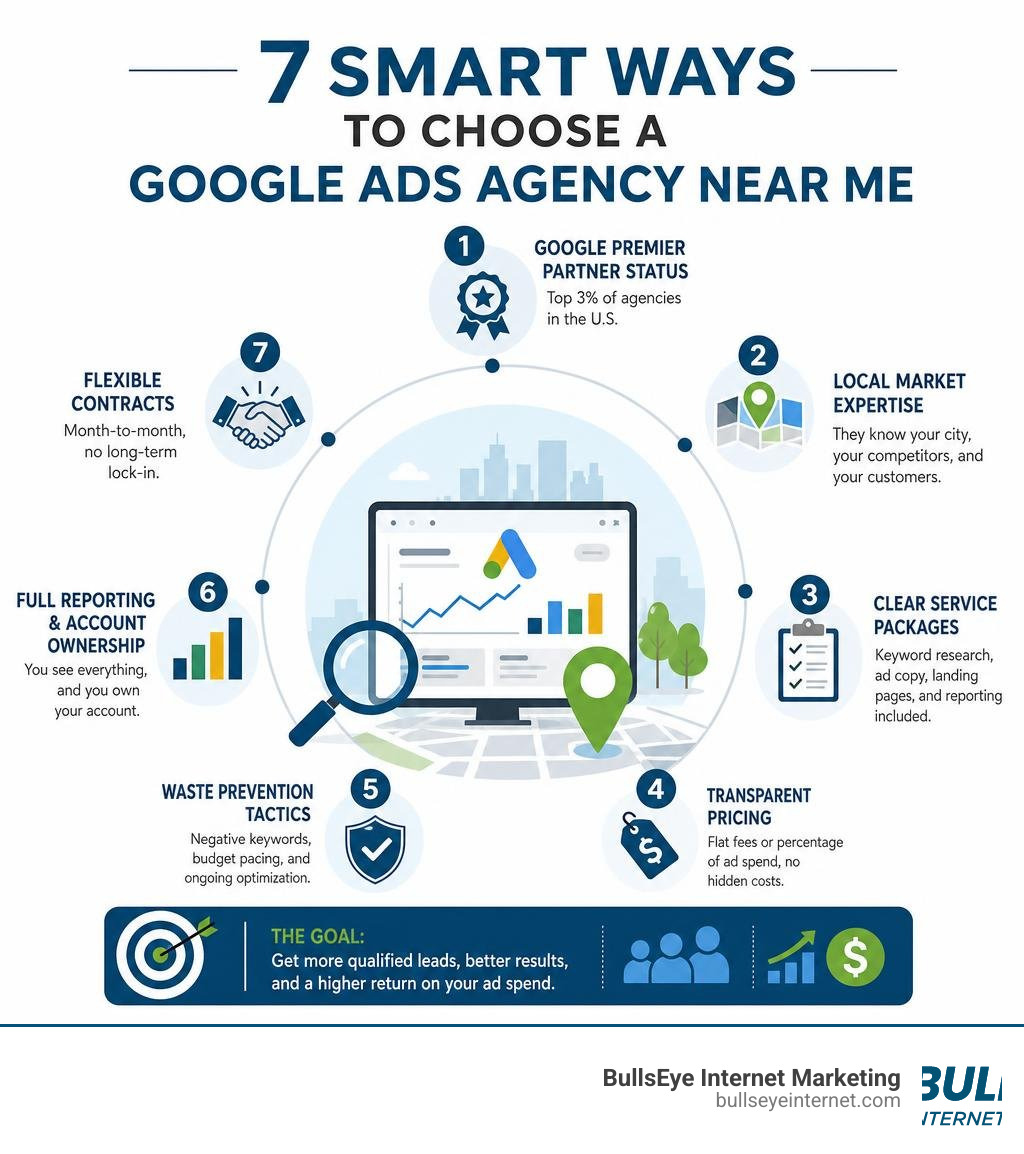7 smart ways to choose a Google Ads agency near me infographic infographic Infographic illustrating 7 smart ways to choose a Google Ads agency, highlighting local market expertise
