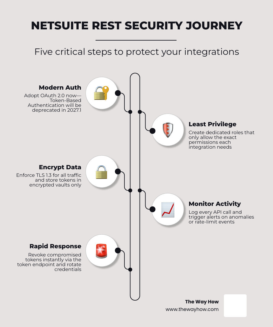NetSuite REST web services security practices overview infographic with authentication, access control, data protection