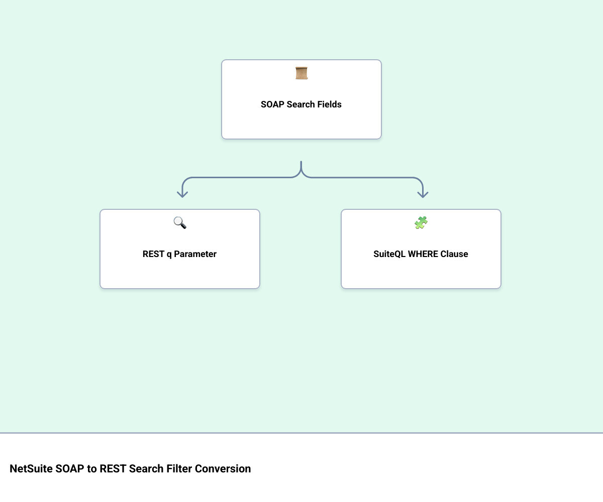 SOAP to REST filter conversion quick reference: field types, operators, and SuiteQL routing infographic