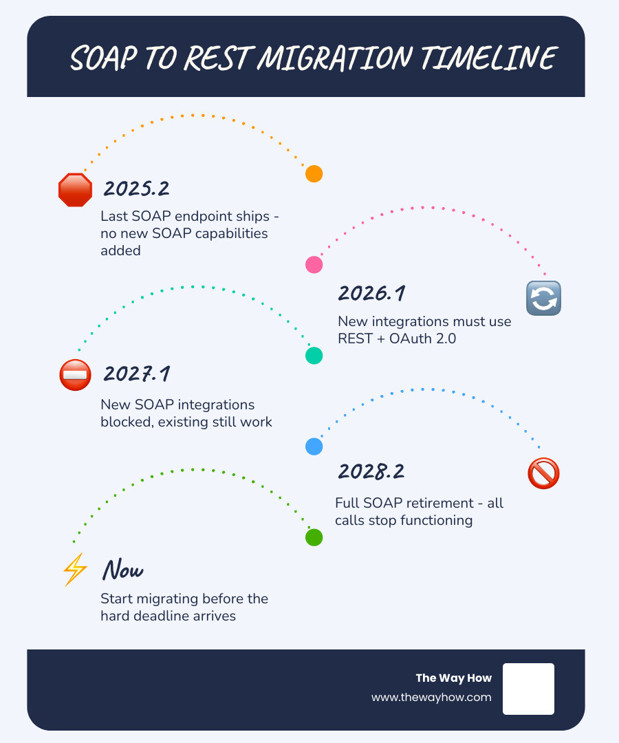 SOAP to REST migration timeline infographic showing deprecation stages from 2025.2 to 2028.2 infographic
