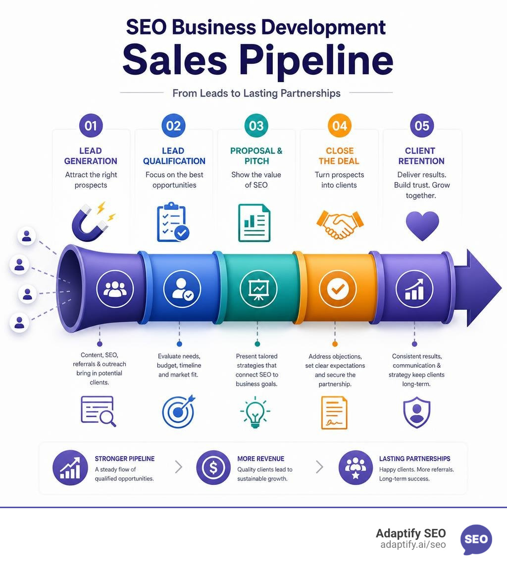 SEO business development sales pipeline infographic showing stages from lead generation to client retention infographic